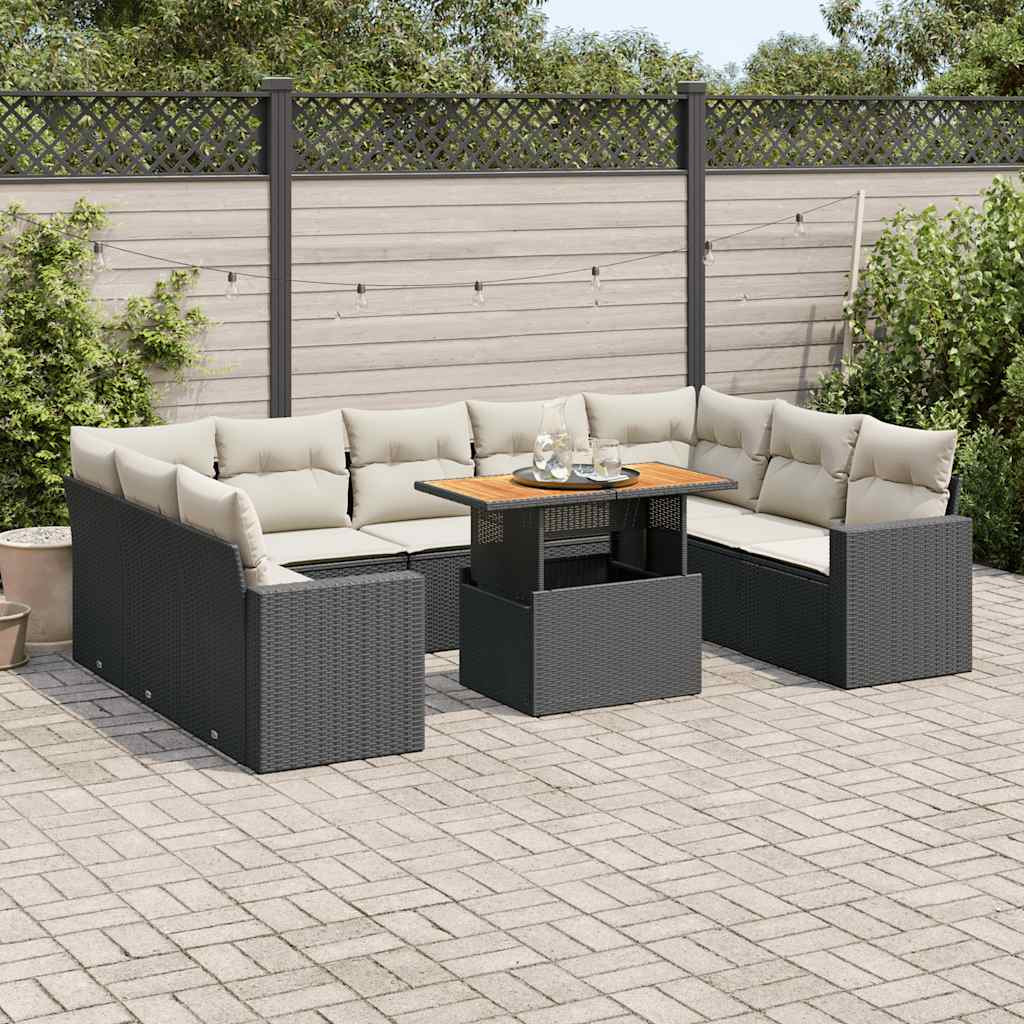 vidaXL 10-tlg. Garten-Sofagarnitur mit Kissen Schwarz Poly Rattan