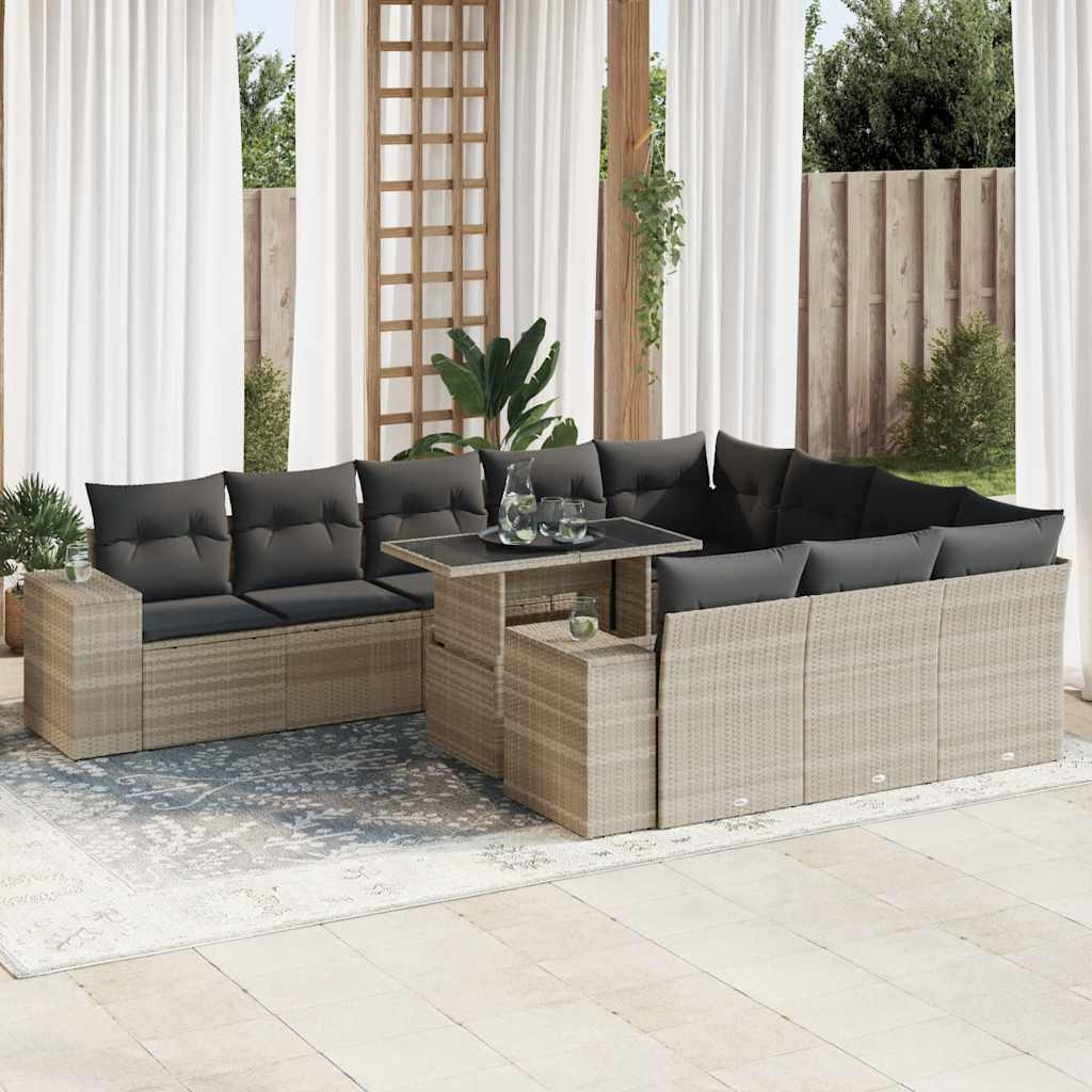 vidaXL 11-tlg. Garten-Sofagarnitur mit Kissen Hellgrau Poly Rattan
