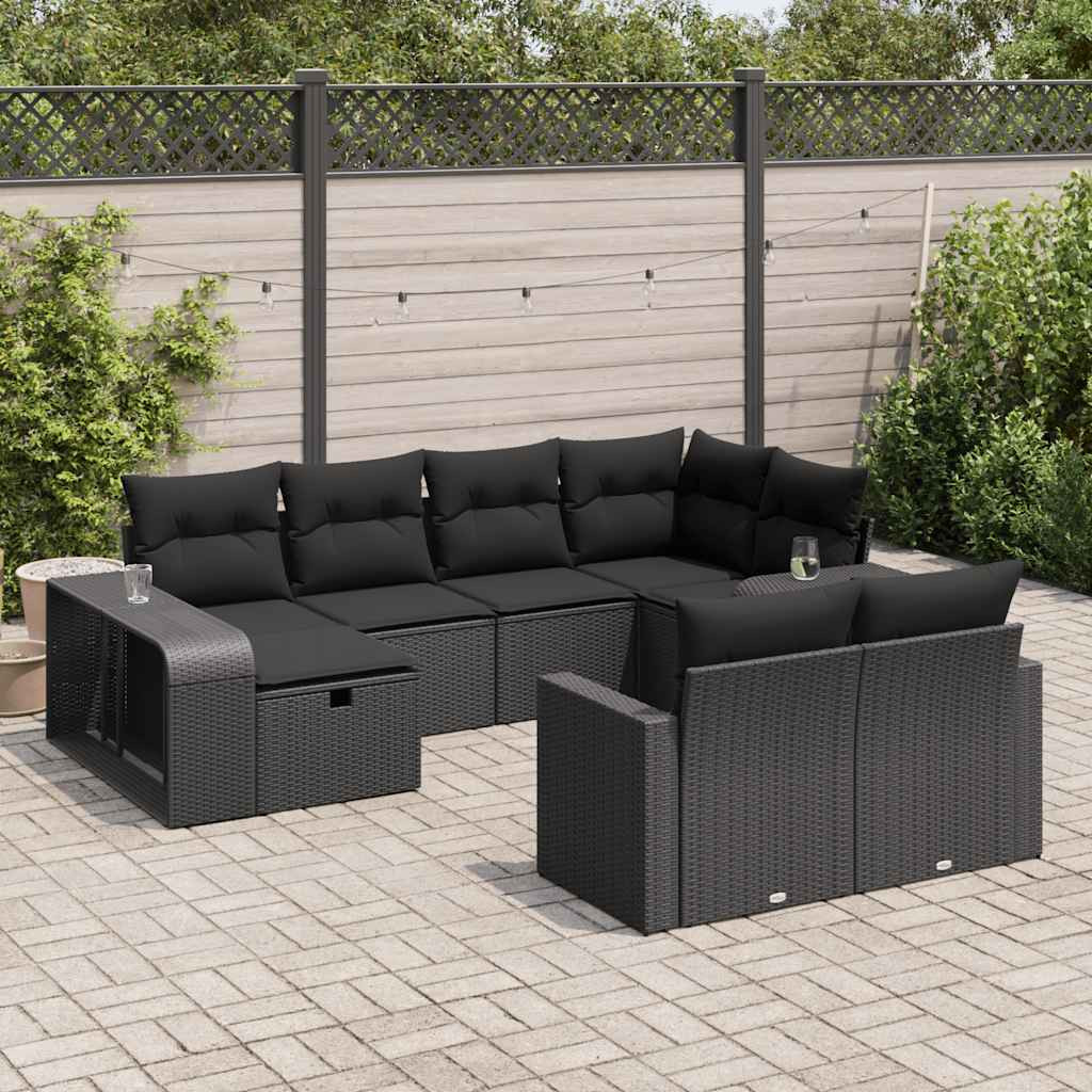 vidaXL 10-tlg. Garten-Sofagarnitur mit Kissen Schwarz Poly Rattan