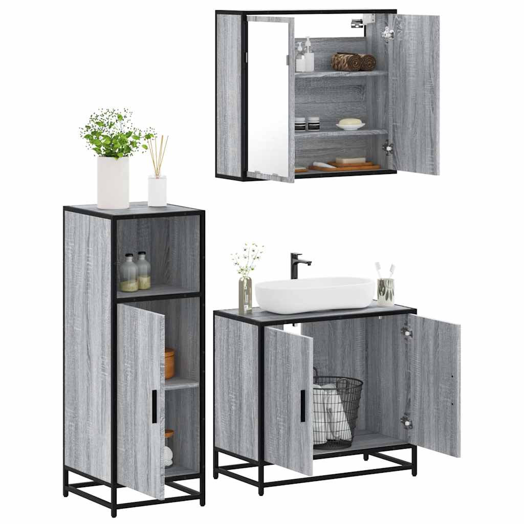 vidaXL 3-tlg. Badmöbel-Set Grau Sonoma Holzwerkstoff