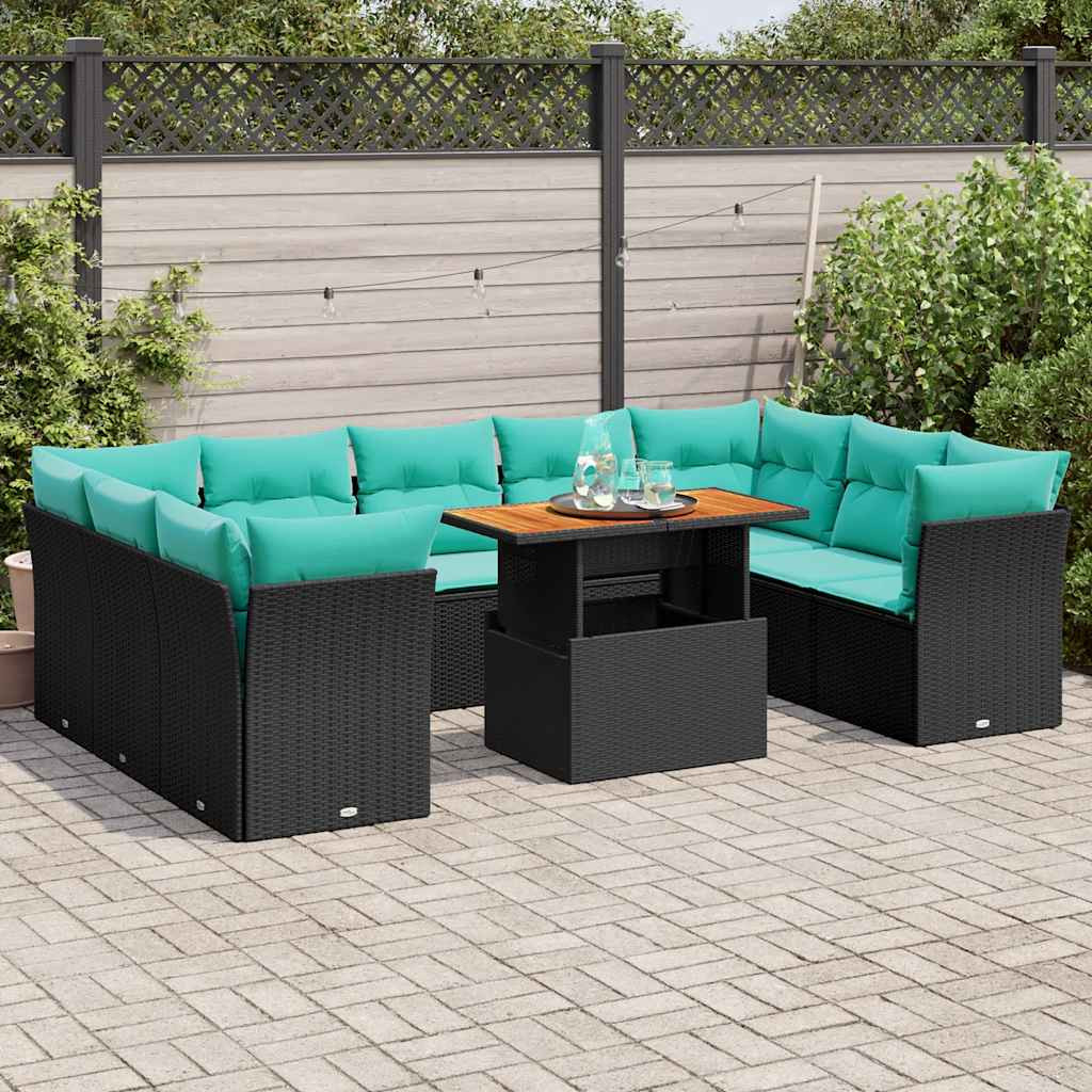 vidaXL 10-tlg. Garten-Sofagarnitur mit Kissen Schwarz Poly Rattan