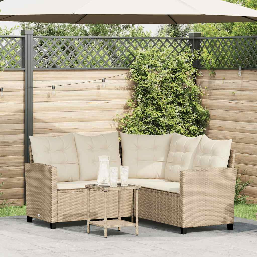 vidaXL Gartensofa in L-Form mit Tisch und Kissen Beige Poly Rattan