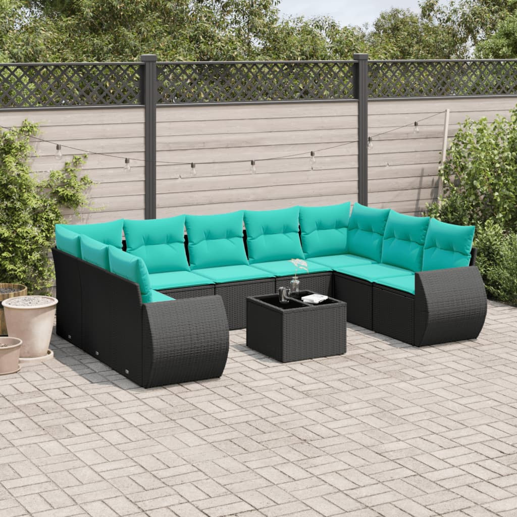 vidaXL 10-teiliges Gartensofa-Set mit Kissen, schwarzes Polyrattan