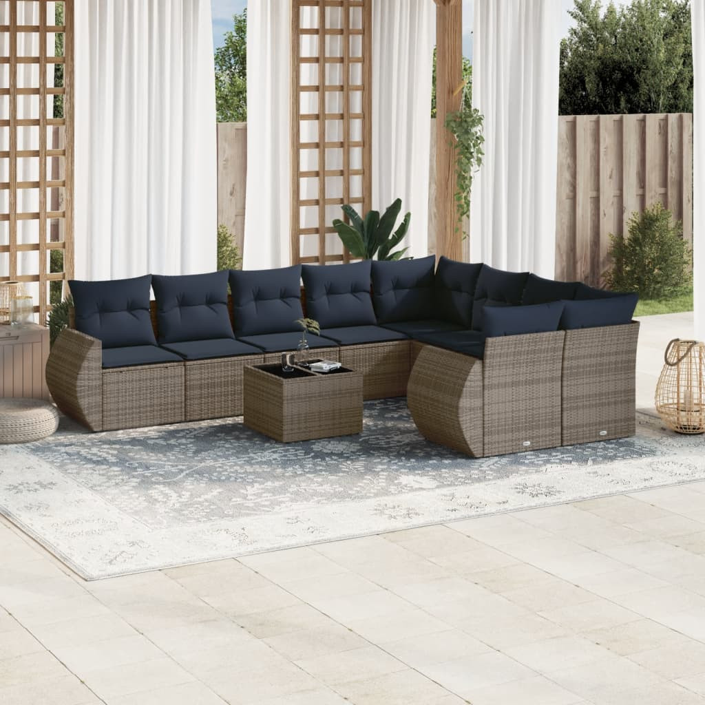 vidaXL 10-teiliges Gartensofa-Set mit Kissen, grau, Polyrattan