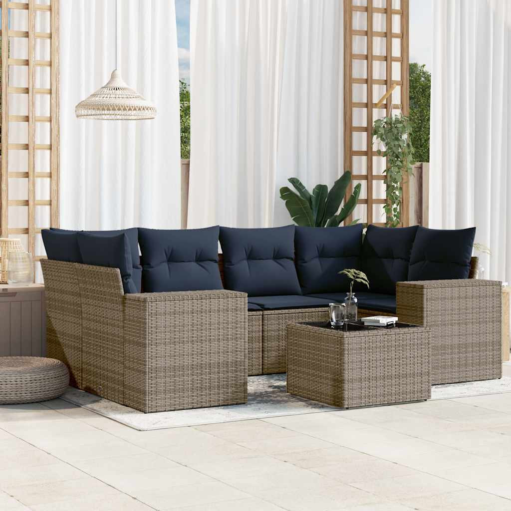 vidaXL 7-teiliges Gartensofa-Set mit Kissen, grau, Polyrattan