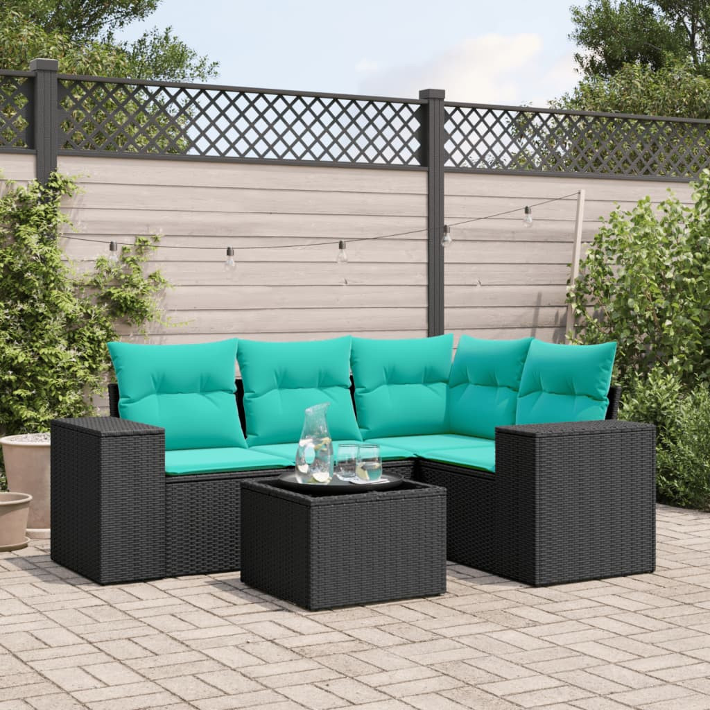 vidaXL 5-teiliges Gartensofa-Set mit Kissen, schwarzes Polyrattan