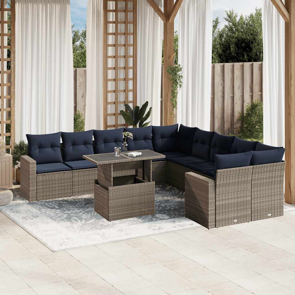 vidaXL 11-teiliges Gartensofa-Set mit Kissen, grau, Polyrattan