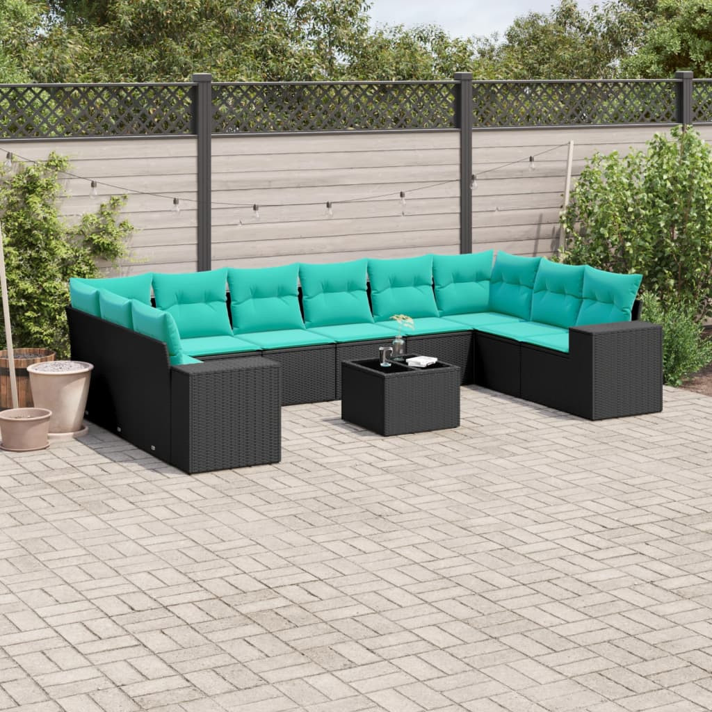 vidaXL 11-teiliges Gartensofa-Set mit Kissen, schwarzes Polyrattan