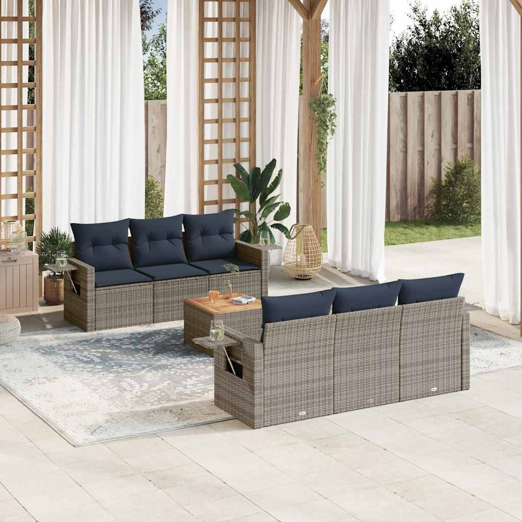 vidaXL 7-teiliges Gartensofa-Set mit Kissen, grau, Polyrattan