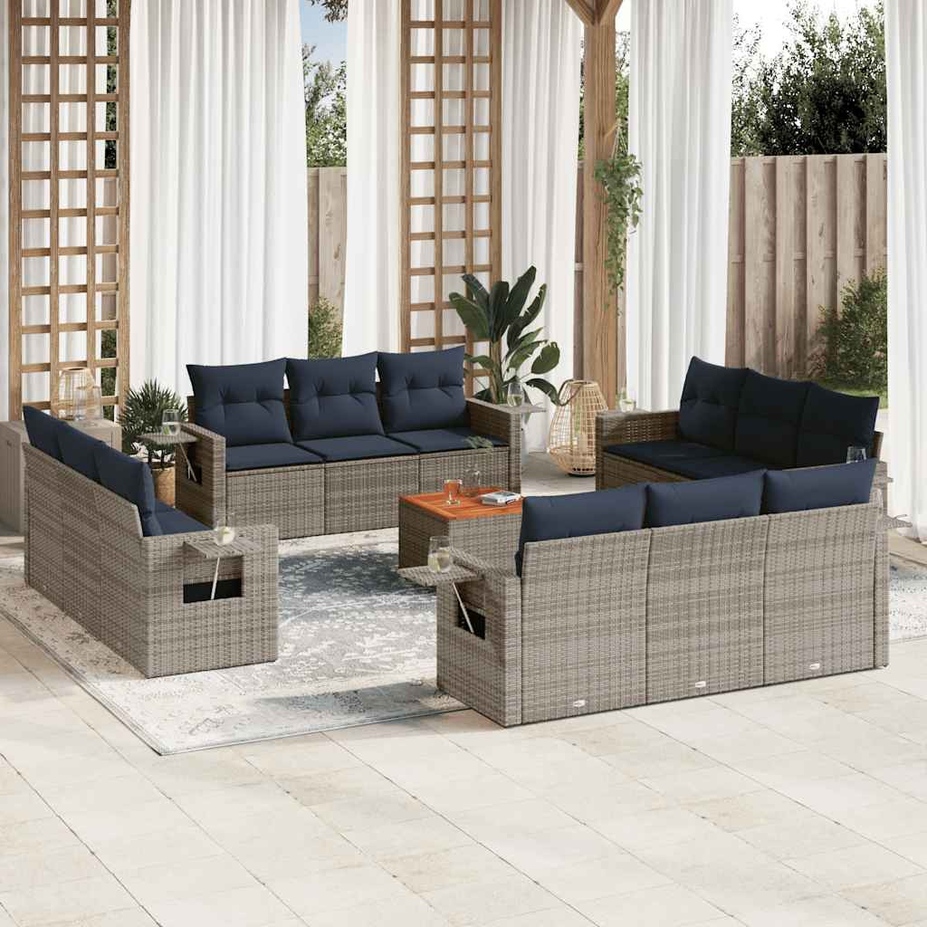 vidaXL 13-teiliges Gartensofa-Set mit Kissen, grau, Polyrattan