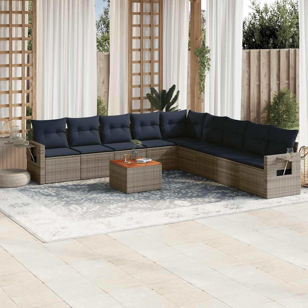 vidaXL 10-teiliges Gartensofa-Set mit Kissen, grau, Polyrattan