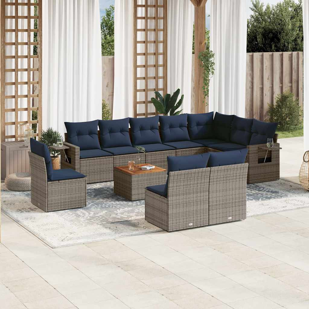 vidaXL 11-teiliges Gartensofa-Set mit Kissen, grau, Polyrattan