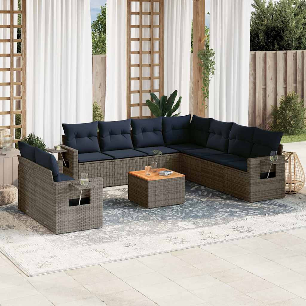 vidaXL 10-teiliges Gartensofa-Set mit Kissen, grau, Polyrattan