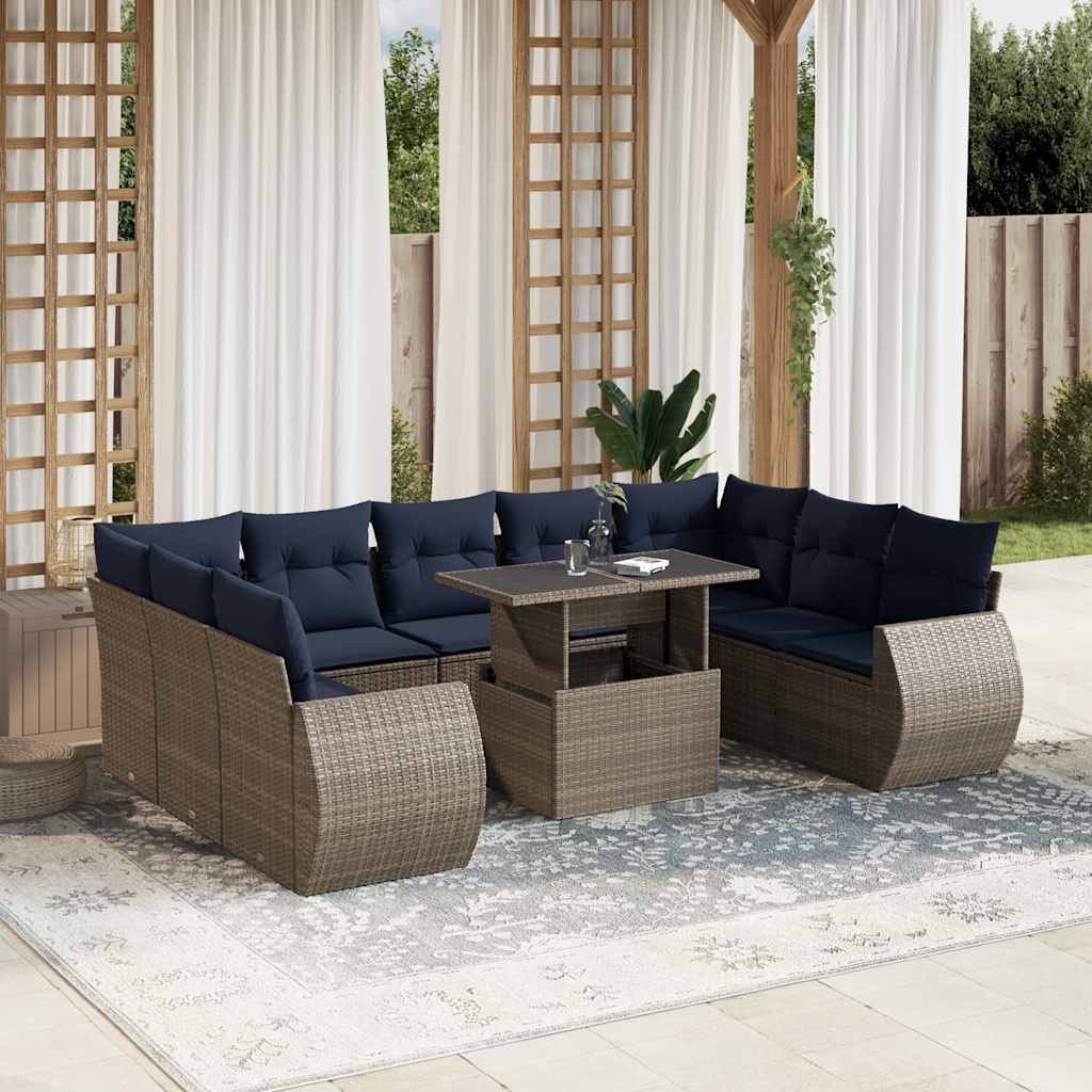 vidaXL 10-teiliges Gartensofa-Set mit Kissen, grau, Polyrattan