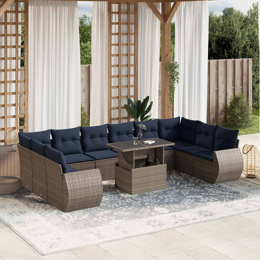 vidaXL 11-teiliges Gartensofa-Set mit Kissen, grau, Polyrattan