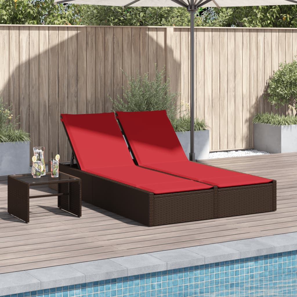 vidaXL Doppelte Sonnenliege mit Kissen Braun Poly Rattan