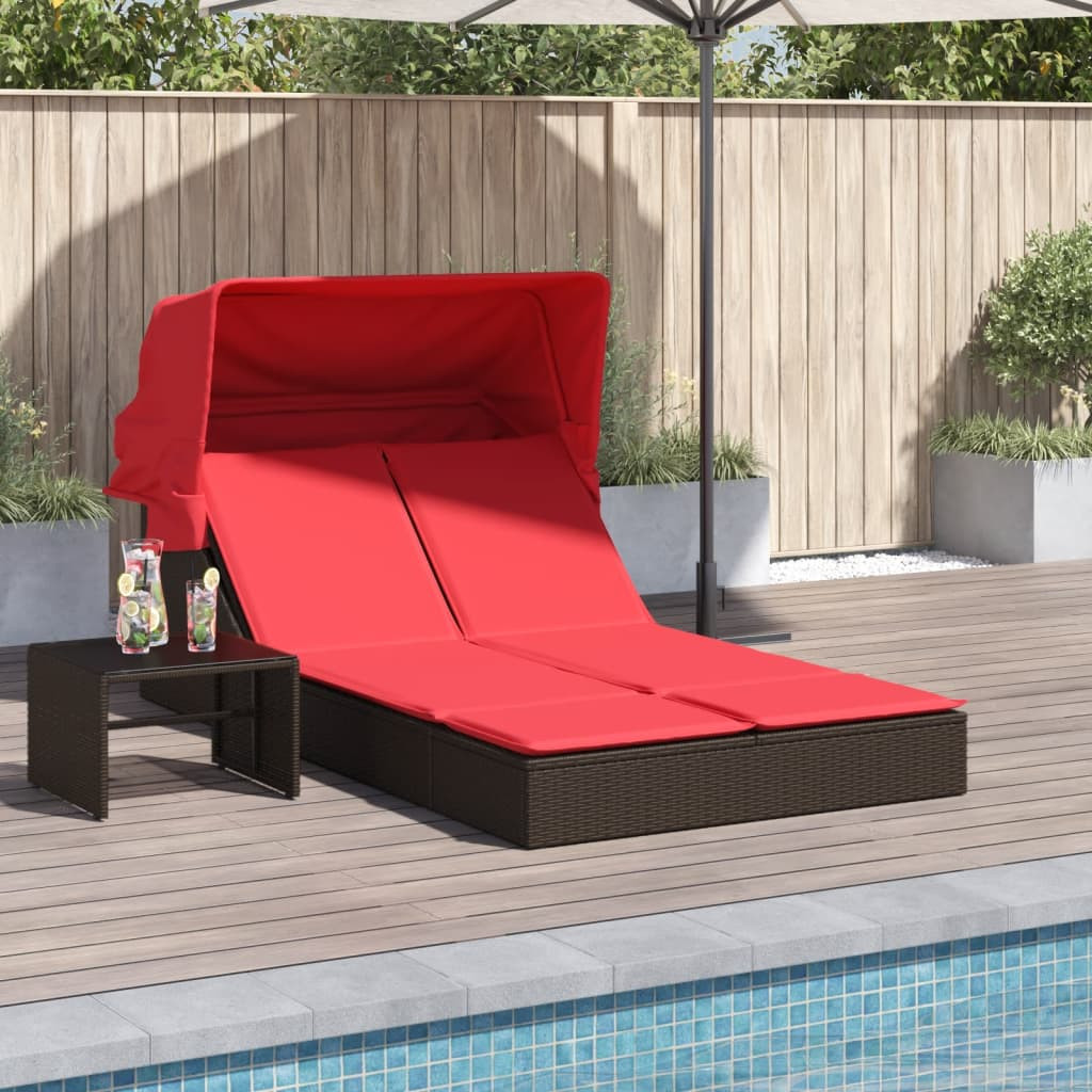 vidaXL Doppelte Sonnenliege mit Baldachin und Kissen, braun, Polyrattan