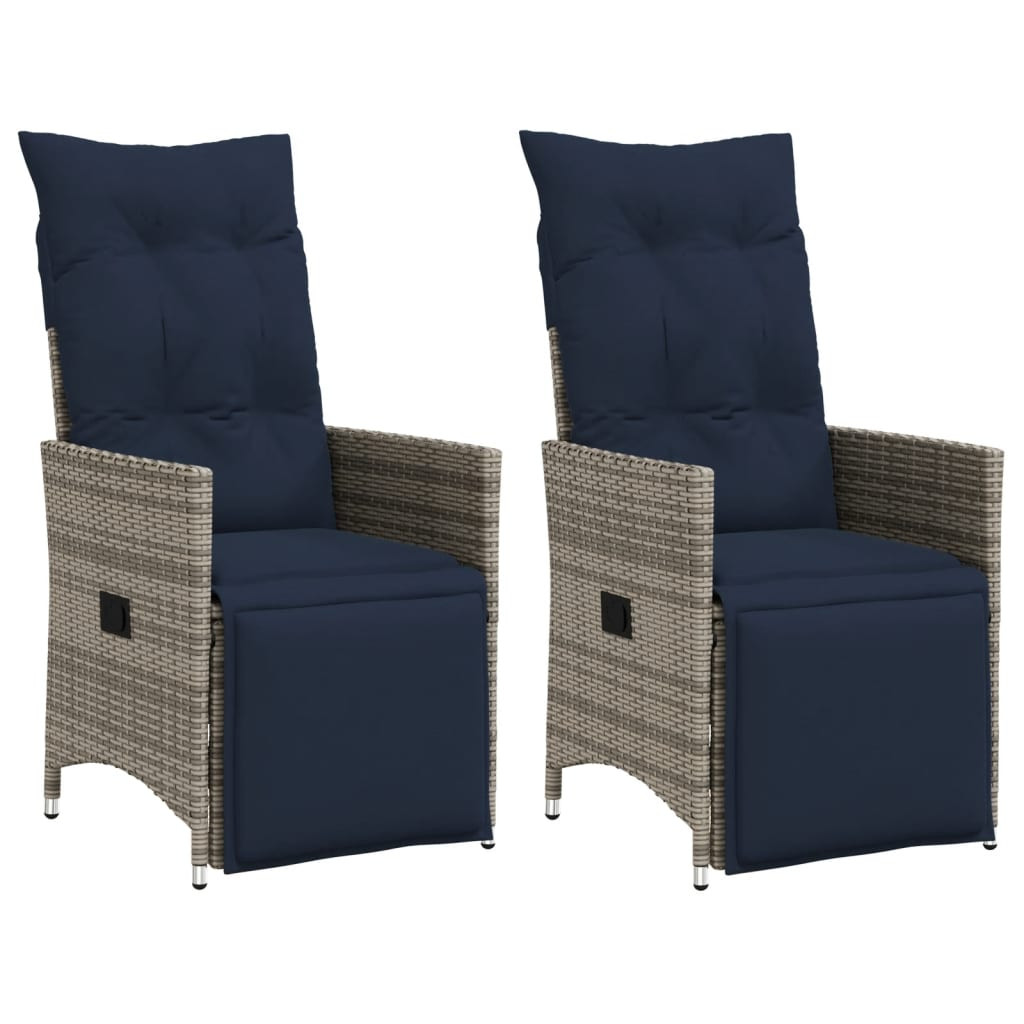 vidaXL Gartenstühle Verstellbar 2 Stk. mit Kissen Grau Poly Rattan