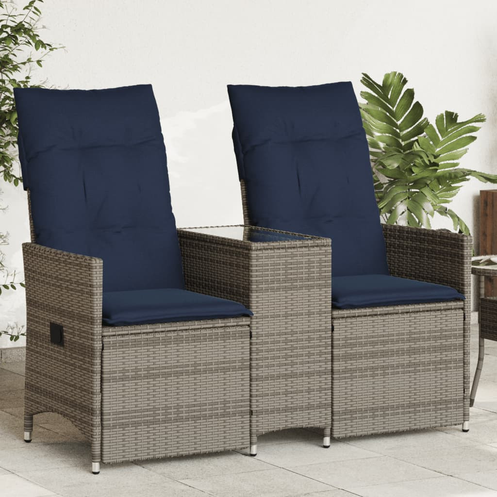 vidaXL Gartensofa Verstellbar 2-Sitzer mit Tisch Grau Poly Rattan