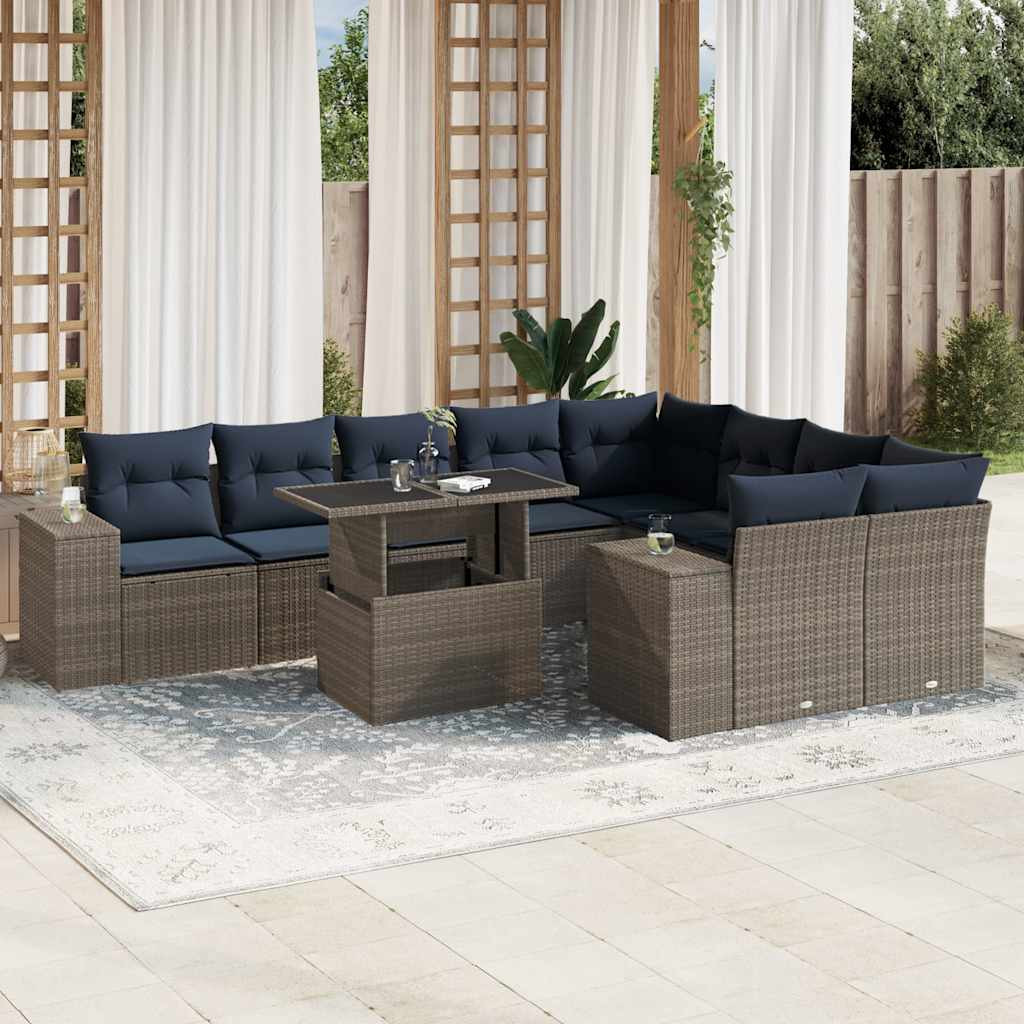 vidaXL 10-teiliges Gartensofa-Set mit Kissen, grau, Polyrattan