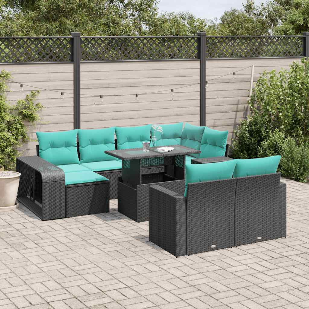 vidaXL 11-teiliges Gartensofa-Set mit Kissen, schwarzes Polyrattan
