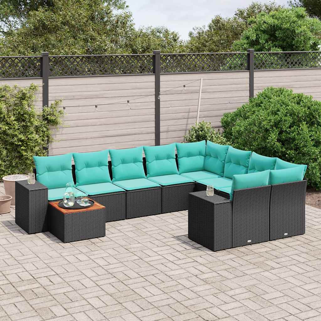 vidaXL 10-teiliges Gartensofa-Set mit Kissen, schwarzes Polyrattan