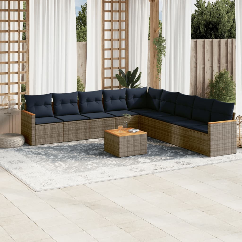 vidaXL 10-teiliges Gartensofa-Set mit Kissen, grau, Polyrattan