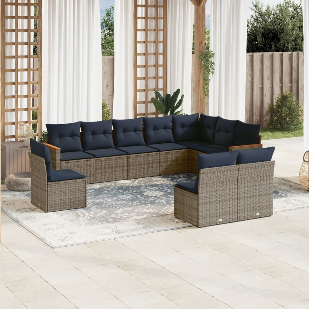 vidaXL 10-teiliges Gartensofa-Set mit Kissen, grau, Polyrattan