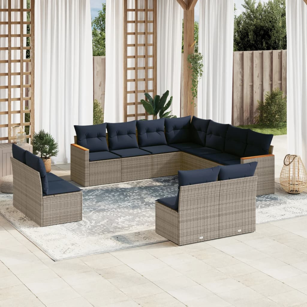 vidaXL 11-teiliges Gartensofa-Set mit Kissen, grau, Polyrattan