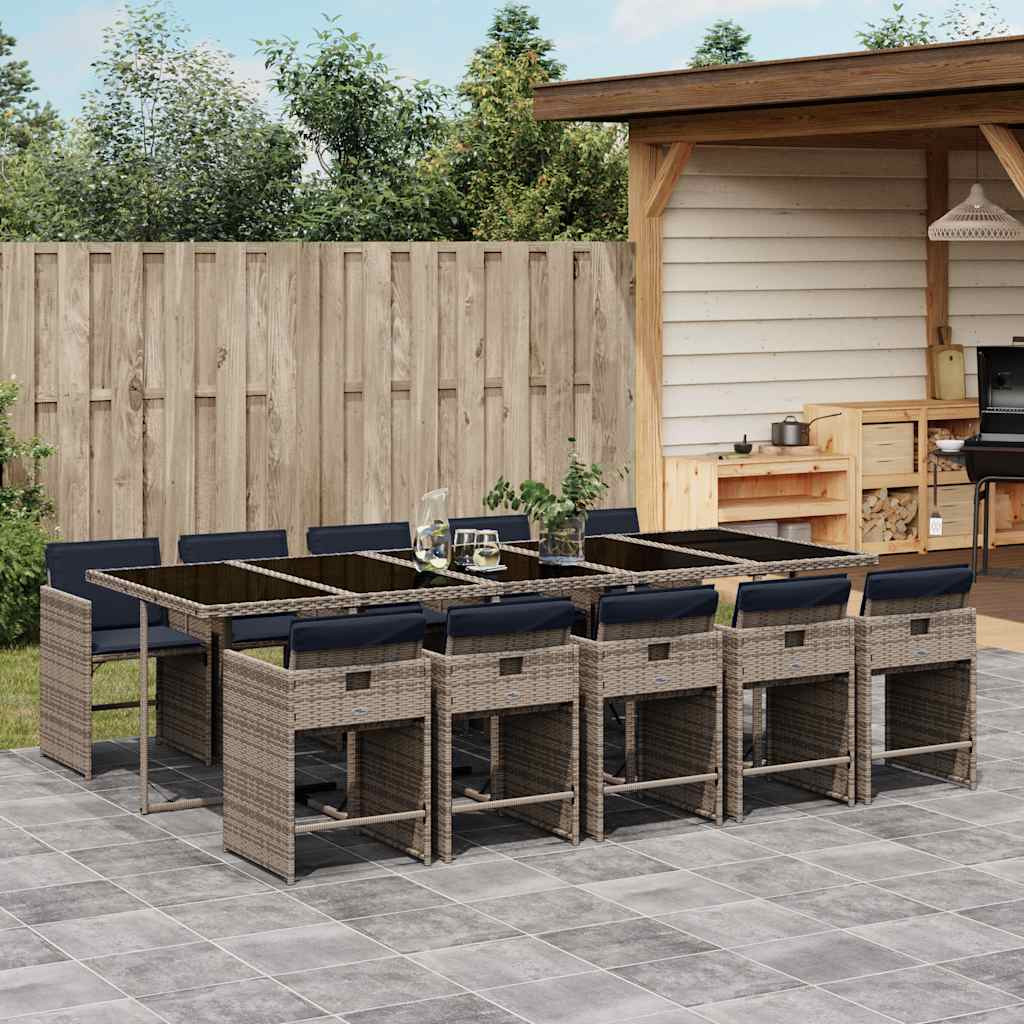 vidaXL 11-teiliges Garten-Ess-Set mit Kissen, grau, Polyrattan