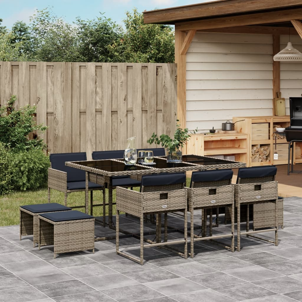 vidaXL 11-teiliges Garten-Ess-Set mit Kissen, grau, Polyrattan