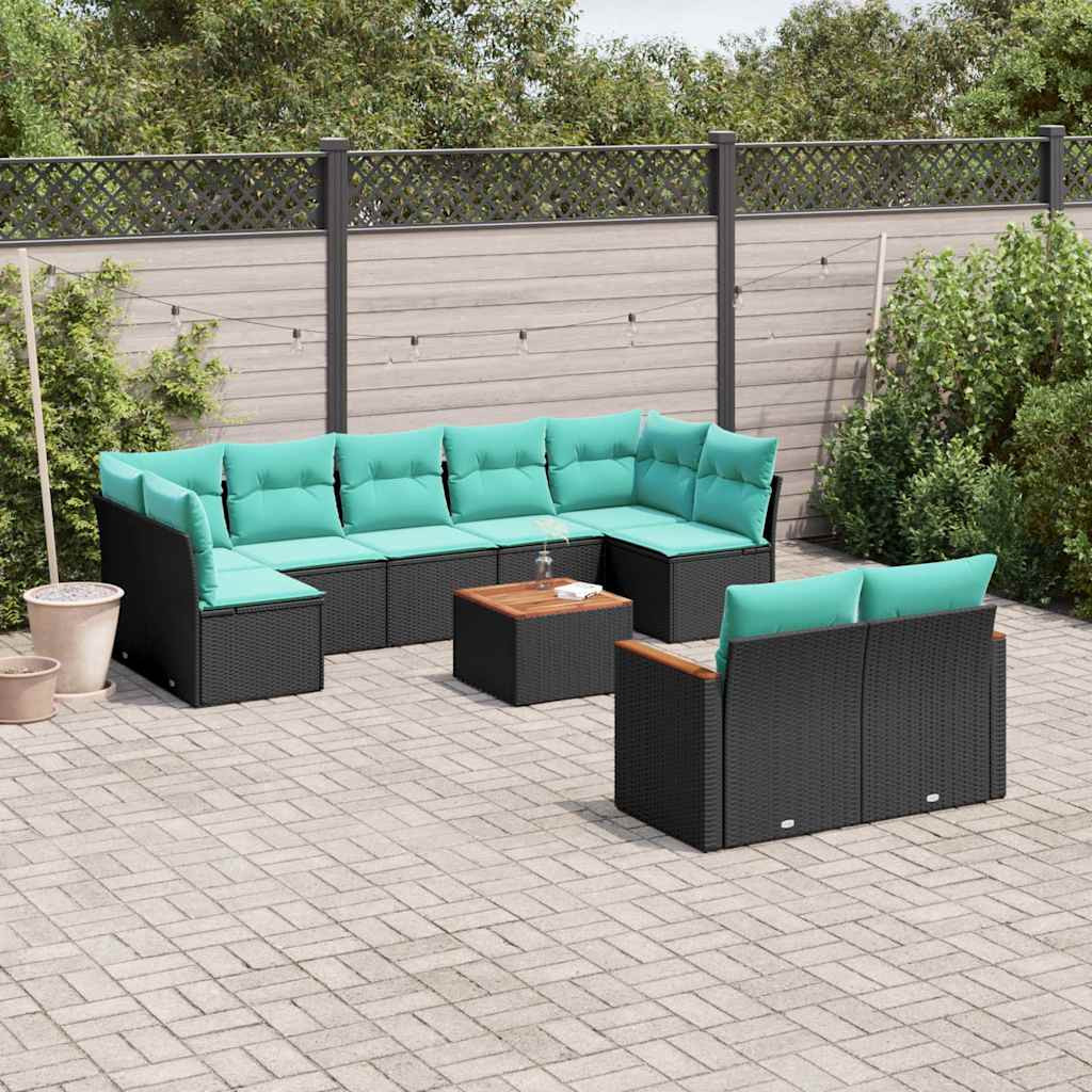 vidaXL 10-teiliges Gartensofa-Set mit Kissen, schwarzes Polyrattan