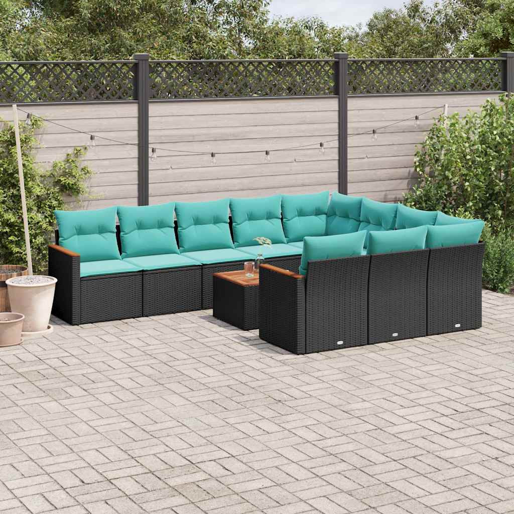 vidaXL 11-teiliges Gartensofa-Set mit Kissen, schwarzes Polyrattan