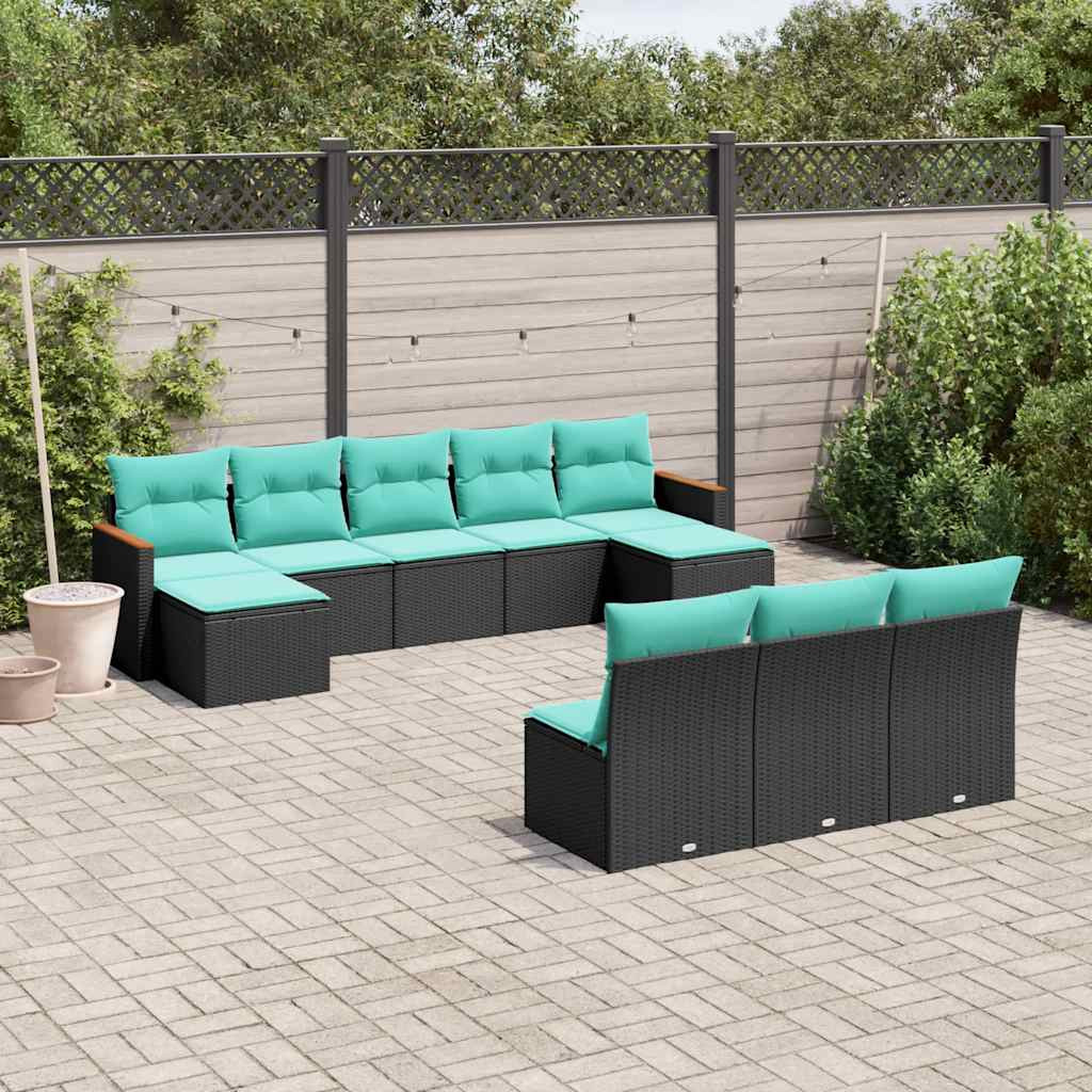 vidaXL 10-teiliges Gartensofa-Set mit Kissen, schwarzes Polyrattan