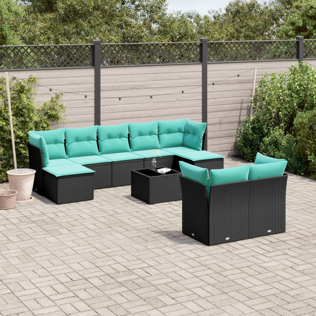 vidaXL 10-teiliges Gartensofa-Set mit Kissen, schwarzes Polyrattan