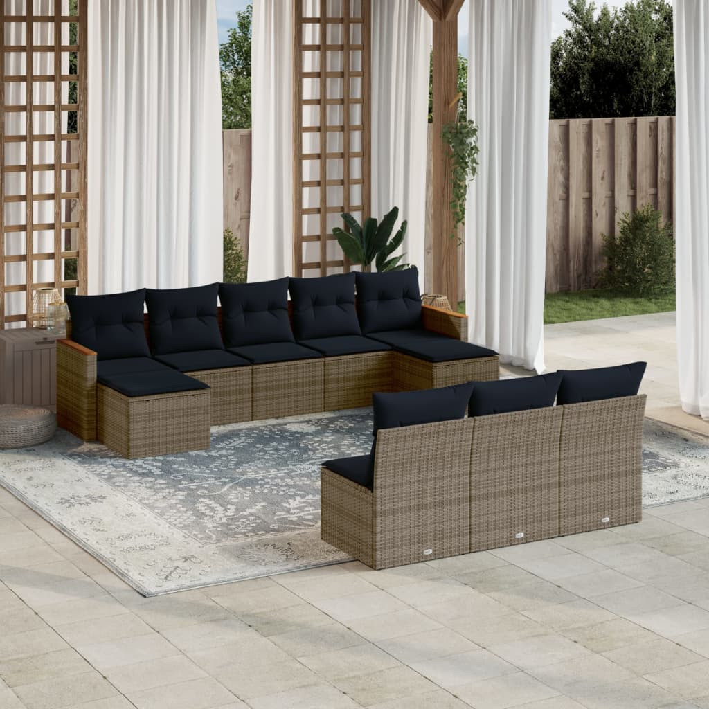 vidaXL 10-teiliges Gartensofa-Set mit Kissen, grau, Polyrattan