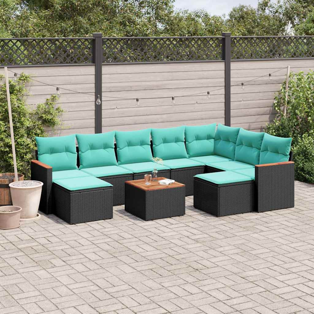 vidaXL 10-teiliges Gartensofa-Set mit Kissen, schwarzes Polyrattan