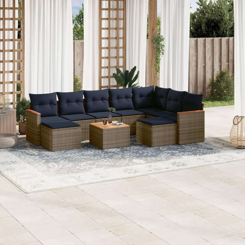 vidaXL 10-teiliges Gartensofa-Set mit Kissen, grau, Polyrattan