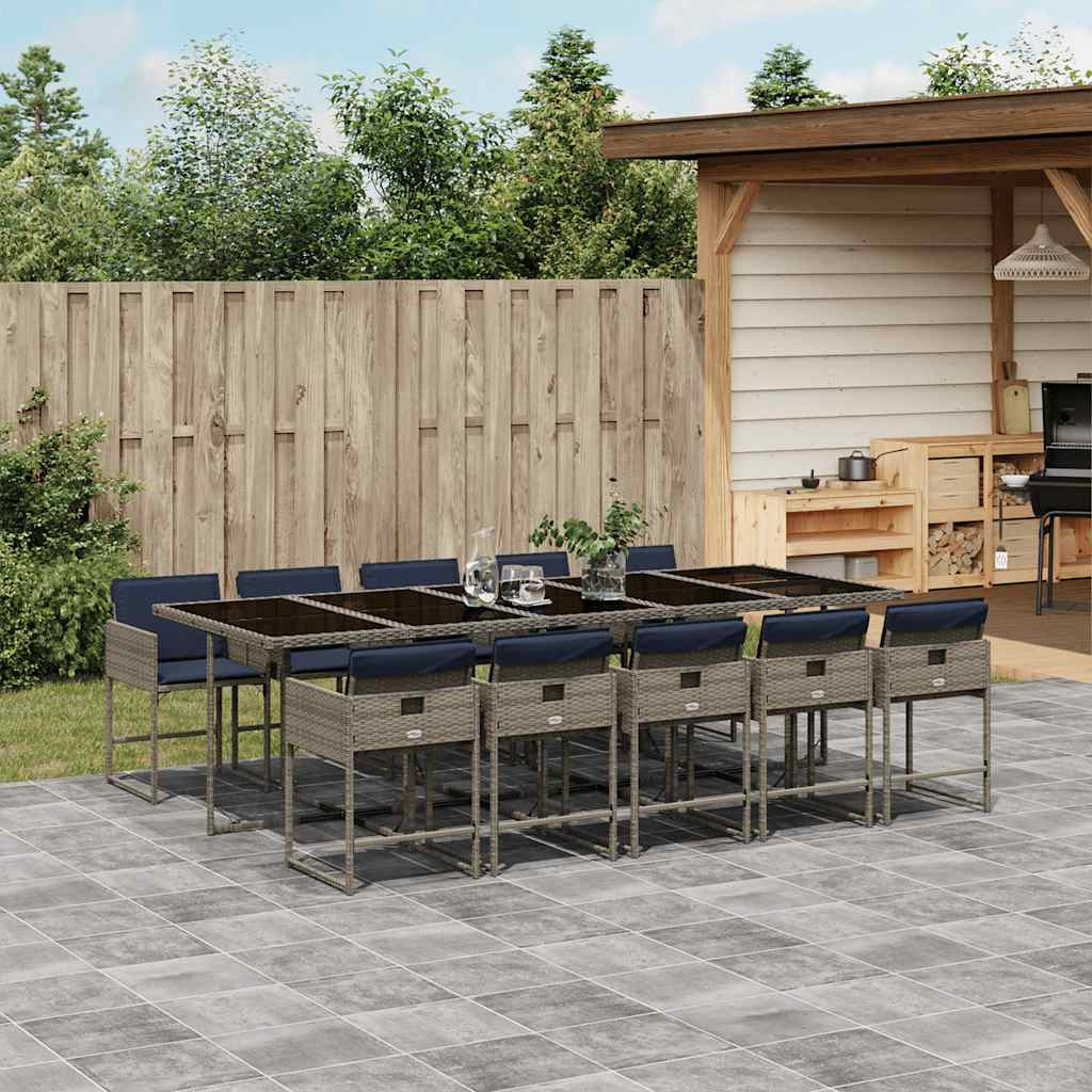 vidaXL 11-teiliges Garten-Ess-Set mit Kissen, grau, Polyrattan