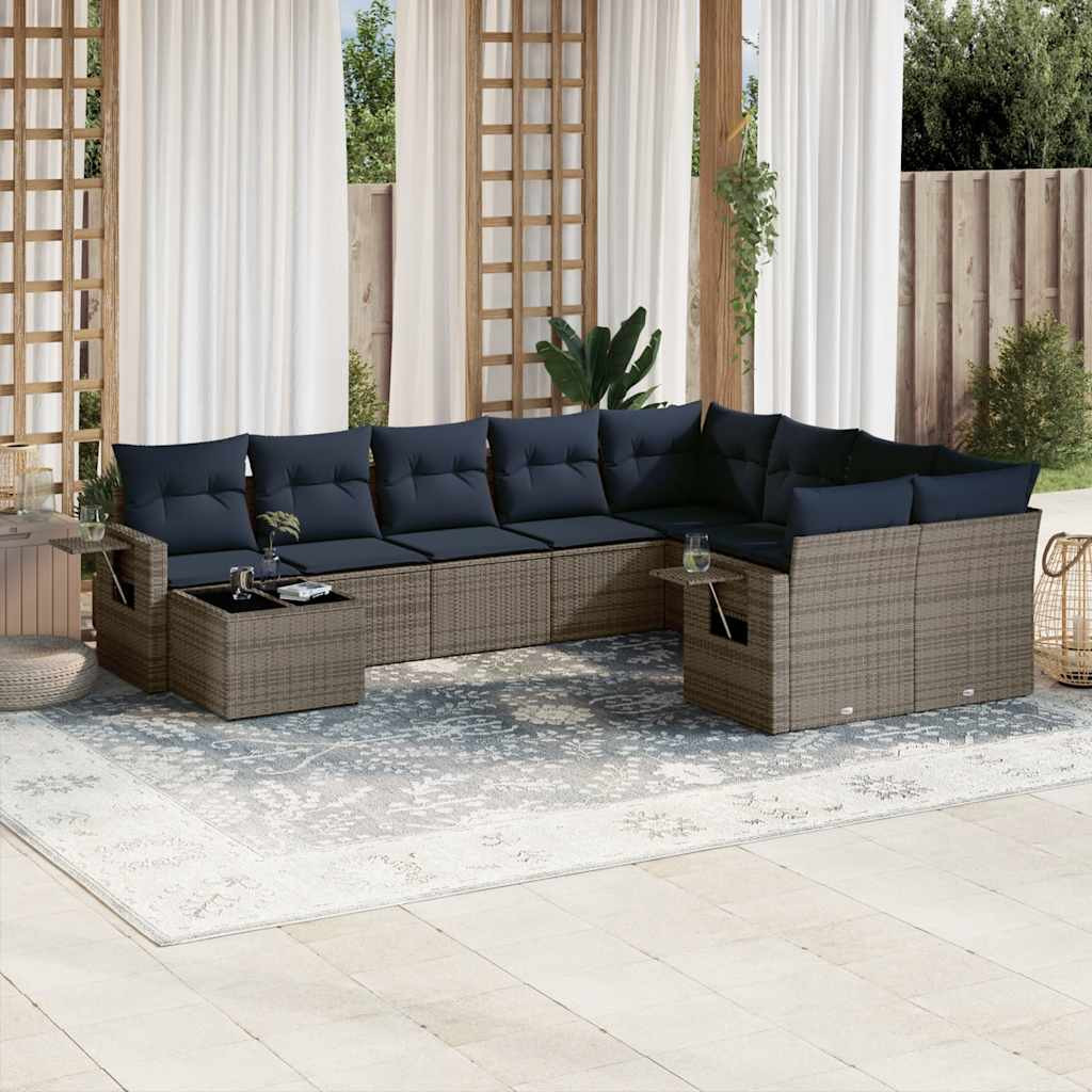 vidaXL 10-teiliges Gartensofa-Set mit Kissen, grau, Polyrattan