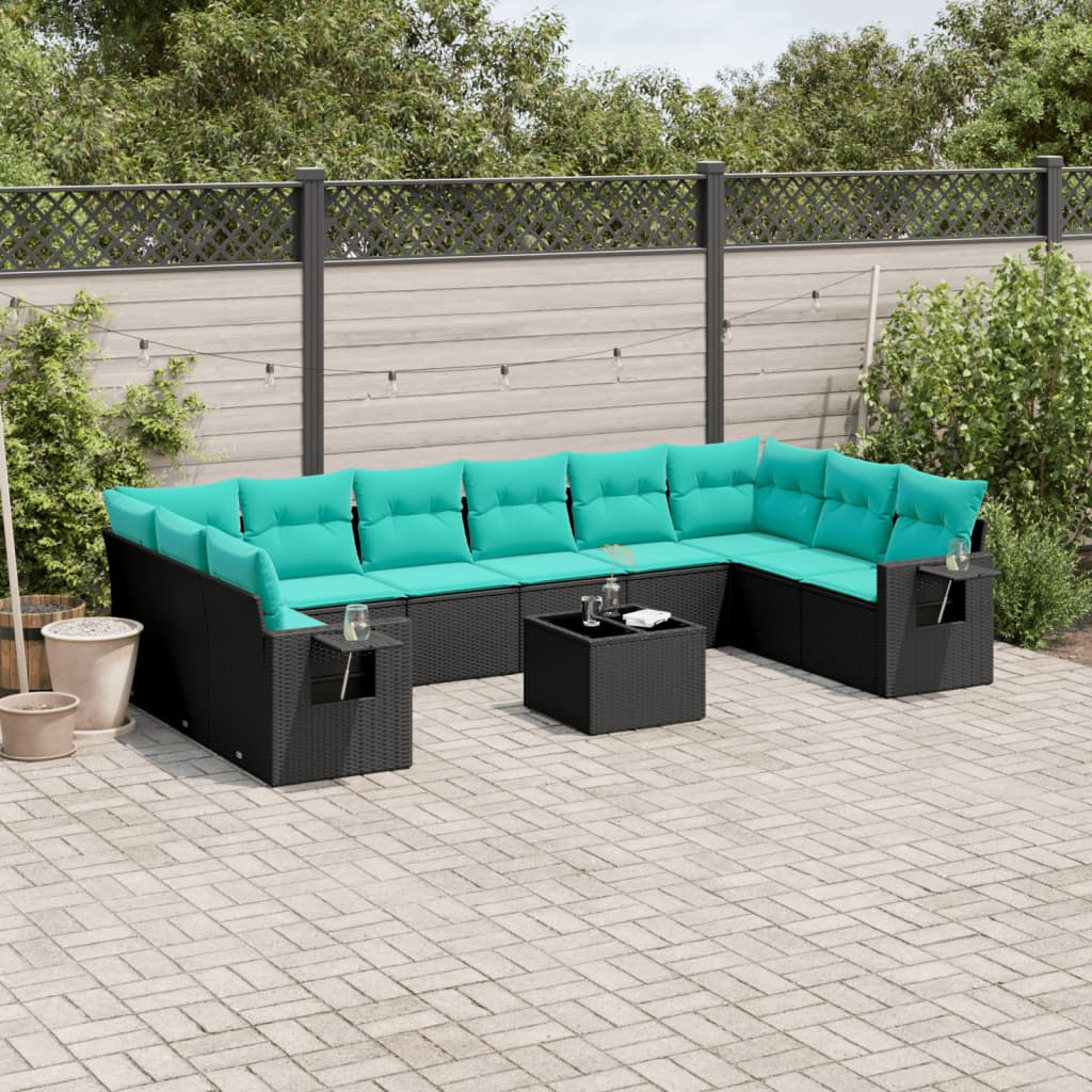 vidaXL 11-teiliges Gartensofa-Set mit Kissen, schwarzes Polyrattan