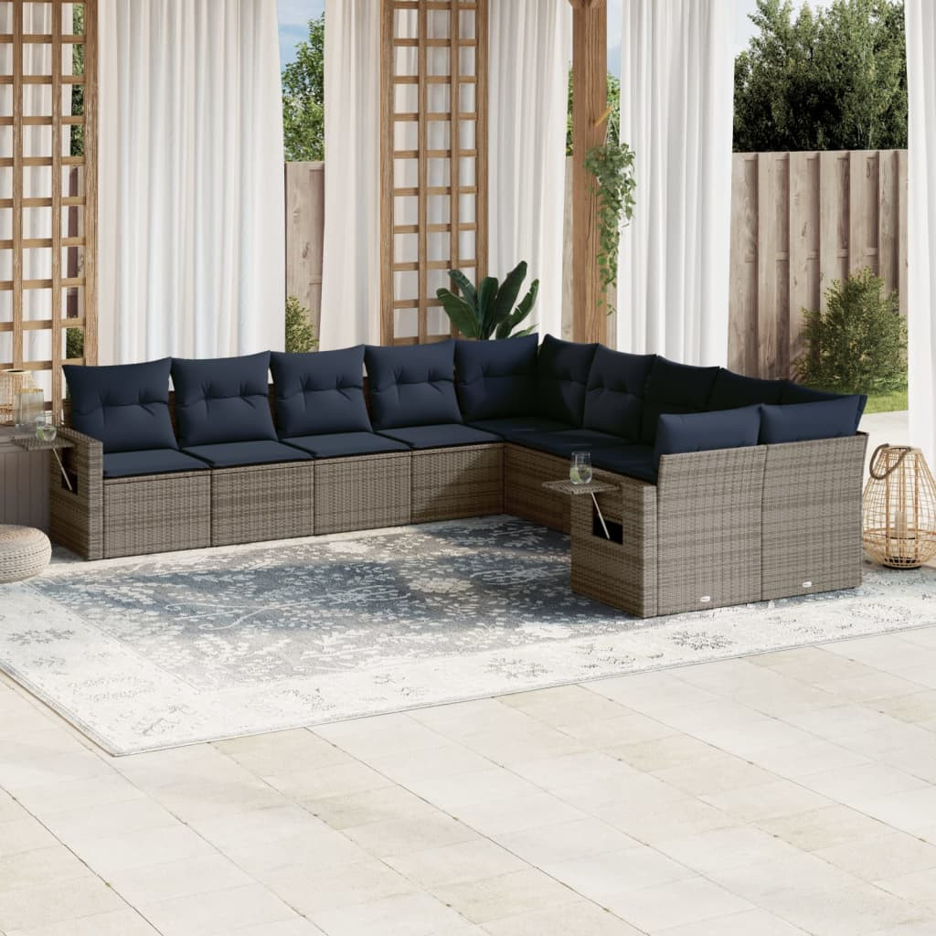 vidaXL 10-teiliges Gartensofa-Set mit Kissen, grau, Polyrattan