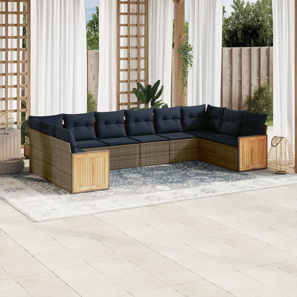 vidaXL 10-teiliges Gartensofa-Set mit Kissen, grau, Polyrattan