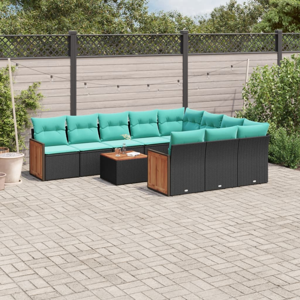 vidaXL 11-teiliges Gartensofa-Set mit Kissen, schwarzes Polyrattan