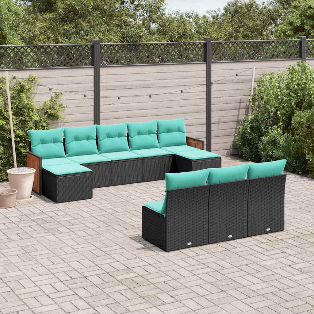 vidaXL 10-teiliges Gartensofa-Set mit Kissen, schwarzes Polyrattan
