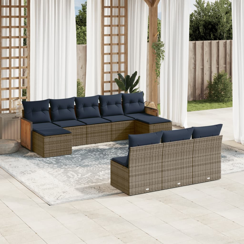 vidaXL 10-teiliges Gartensofa-Set mit Kissen, grau, Polyrattan