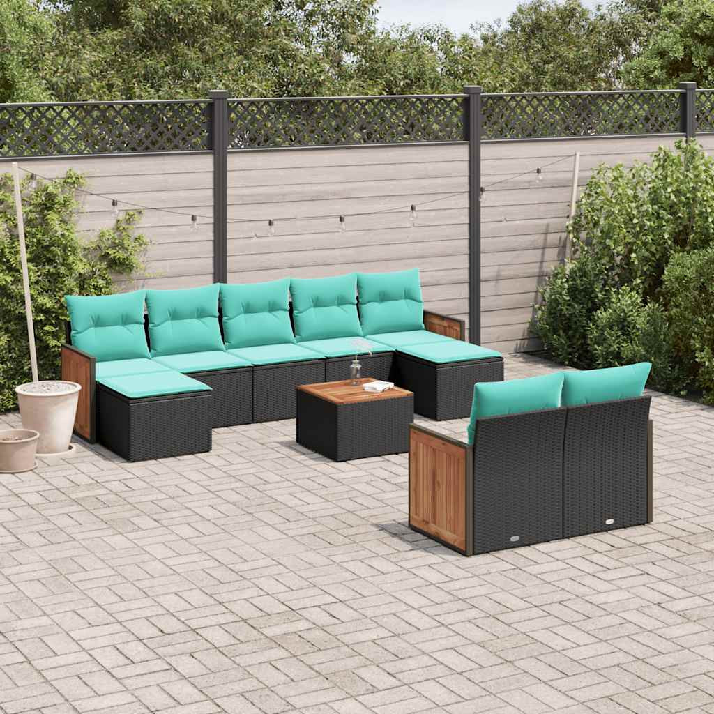 vidaXL 10-teiliges Gartensofa-Set mit Kissen, schwarzes Polyrattan