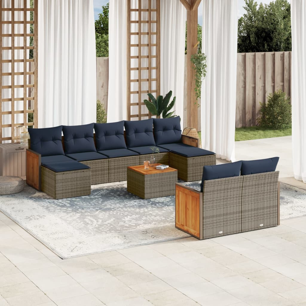 vidaXL 10-teiliges Gartensofa-Set mit Kissen, grau, Polyrattan