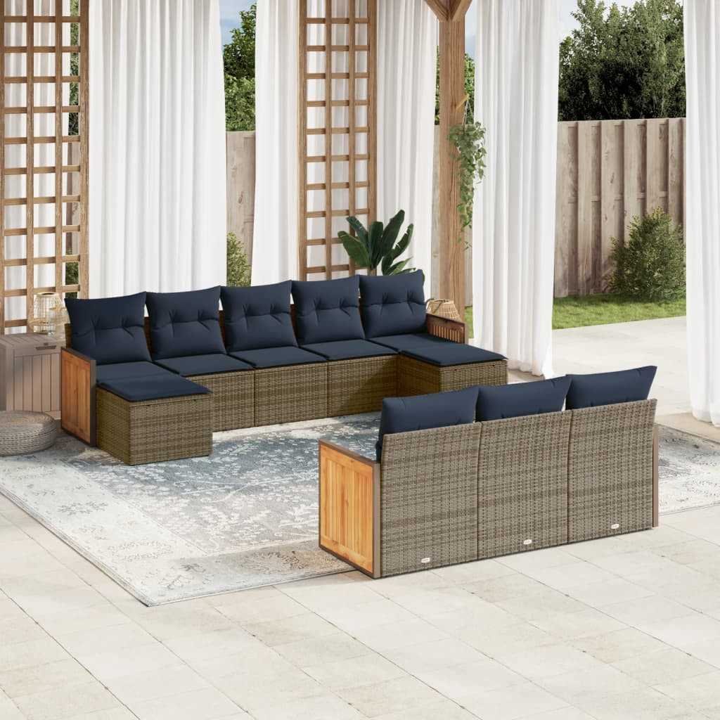 vidaXL 10-teiliges Gartensofa-Set mit Kissen, grau, Polyrattan