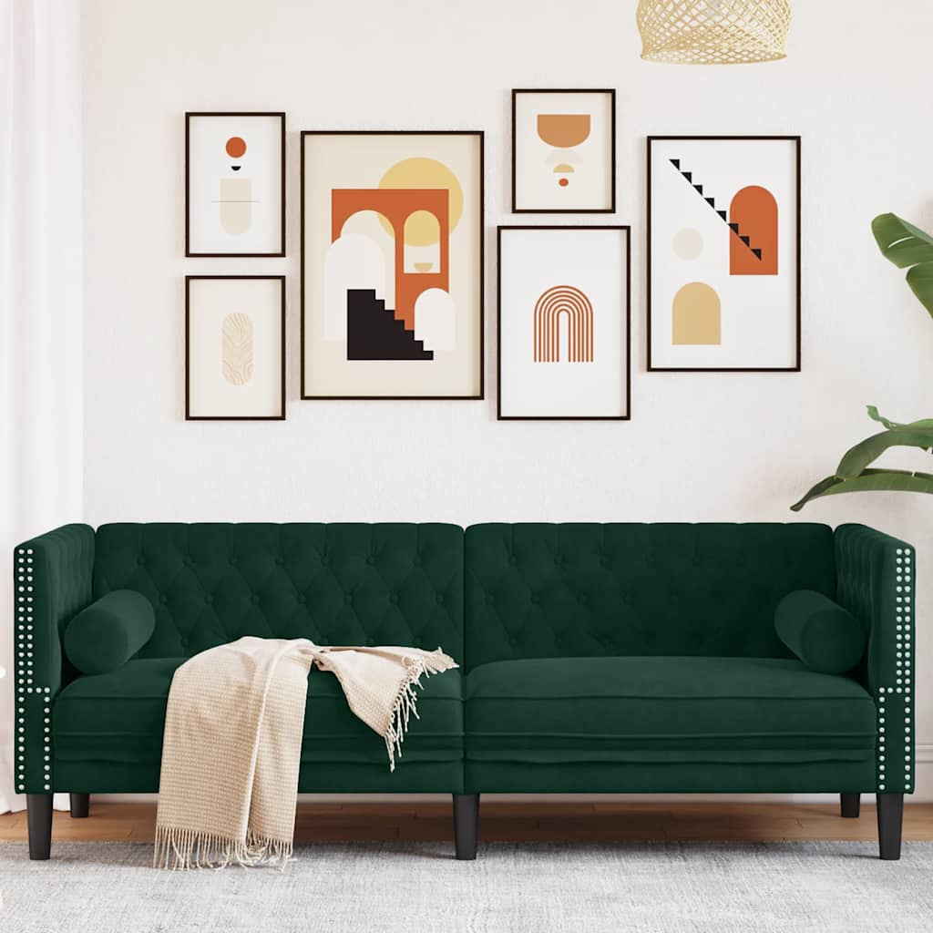 vidaXL Chesterfield-Sofa mit Nackenrollen 3-Sitzer Dunkelgrün Samt